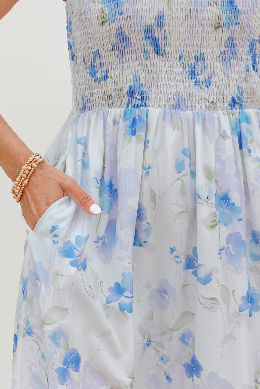 Sky Blue Floral Smocked High Waist Double Ruffle Sleeveless Long Dress
