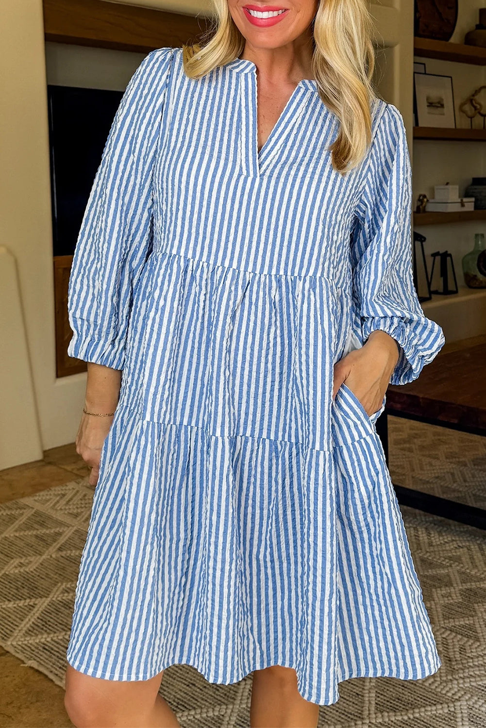 Sky Blue Stripe Bracelet Sleeve Tiered Shift Dress with Pockets