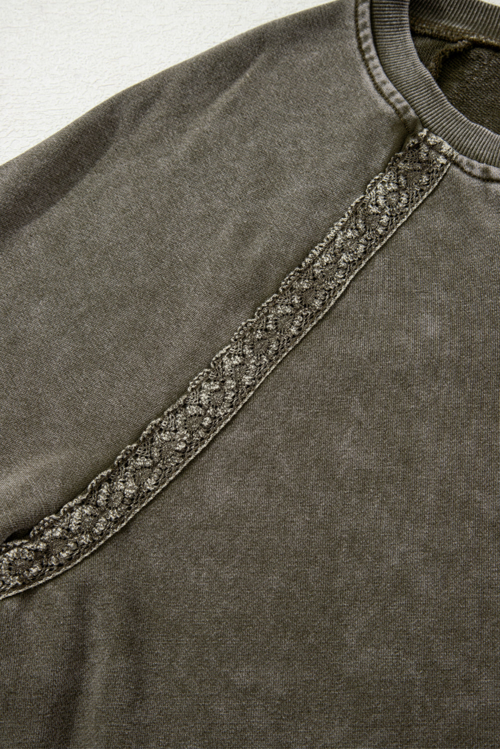 Jungle Green Lace Patchwork Detail Notched Neck Mineral Wash Baggy Sweatshirt