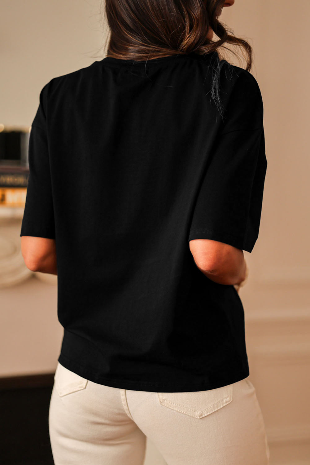 Oatmeal Contrast Crochet Floral Graphic Drop Shoulder Loose Tee