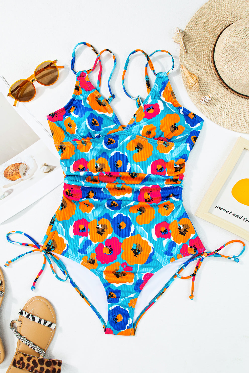 Sky Blue Adjustable Straps Ribbed Knit One Piece Swimsuit