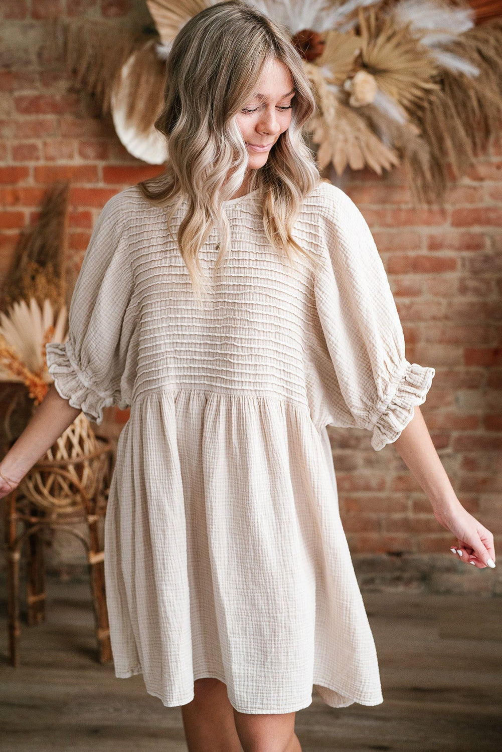 White Textured Ruffled Puff Sleeve Loose Dress