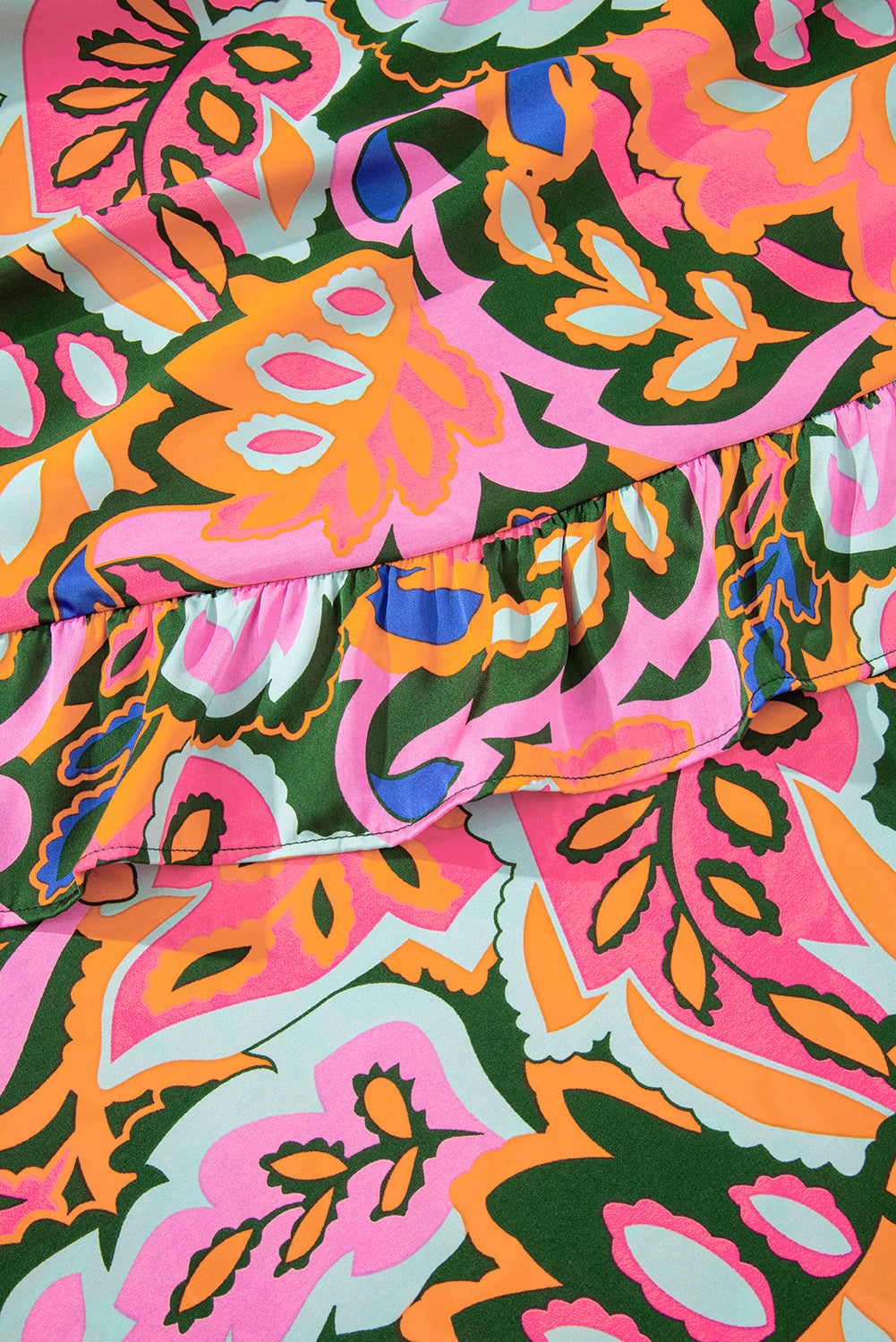 Rose Summer Plant Print Surpliced V Neck Ruffled Asymmetric Slit Wide Short Sleeve Maxi Dress