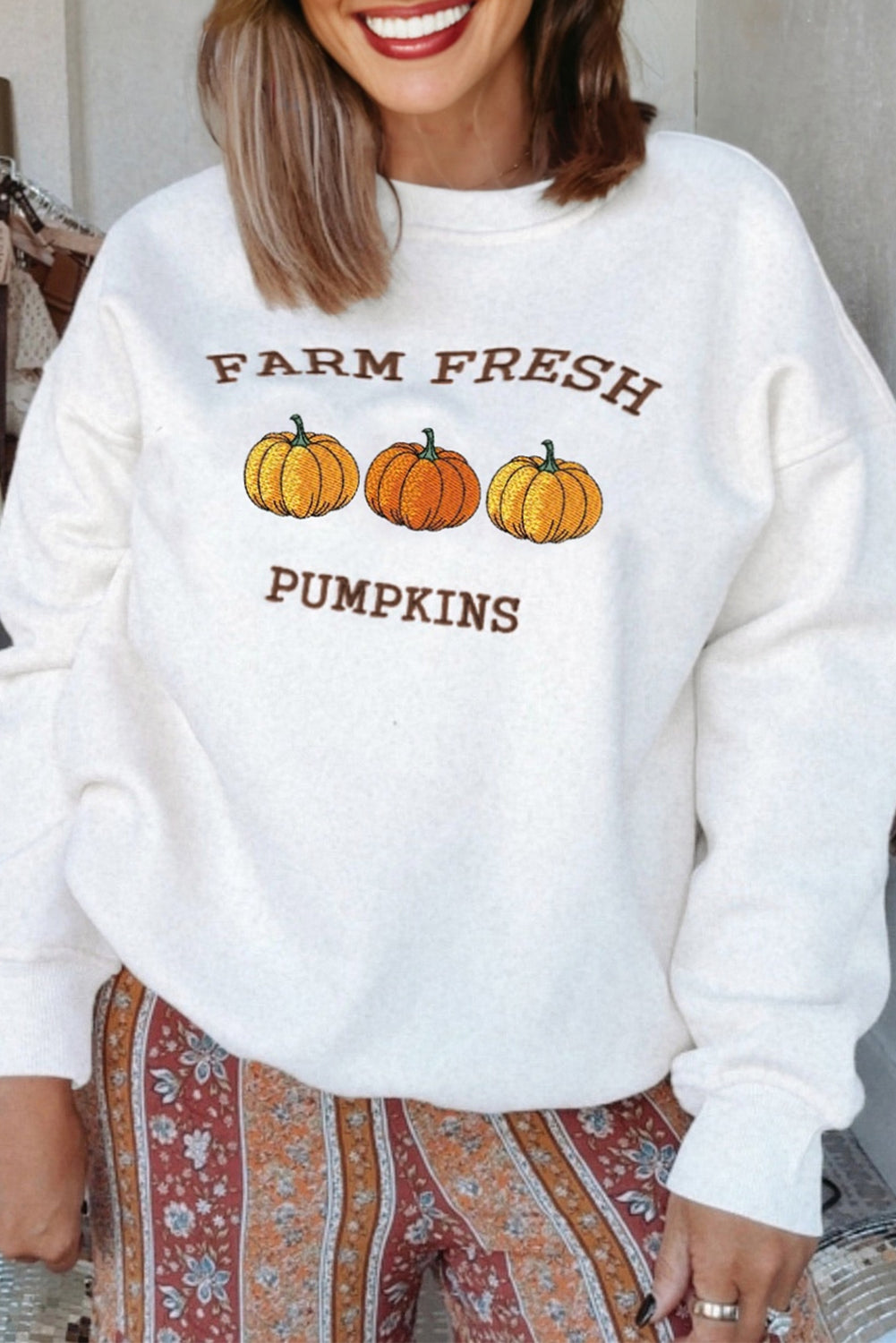 White FARM FRESH PUMPKINS Embroidered Graphic Thanksgiving Holiday Sweatshirt