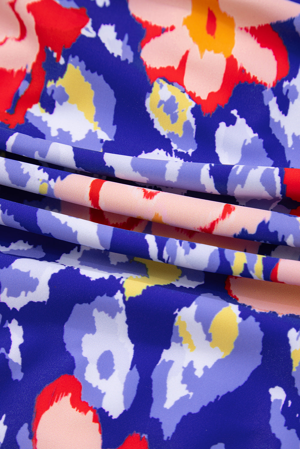 Blue Floral Ruffle Trim V Neck Lace-up Back Tummy Control One Piece Swimsuit