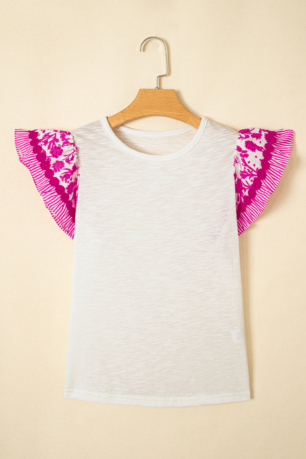 Blue Ricrac Trim Printed Flutter Sleeve Contrast Patchwork Blouse