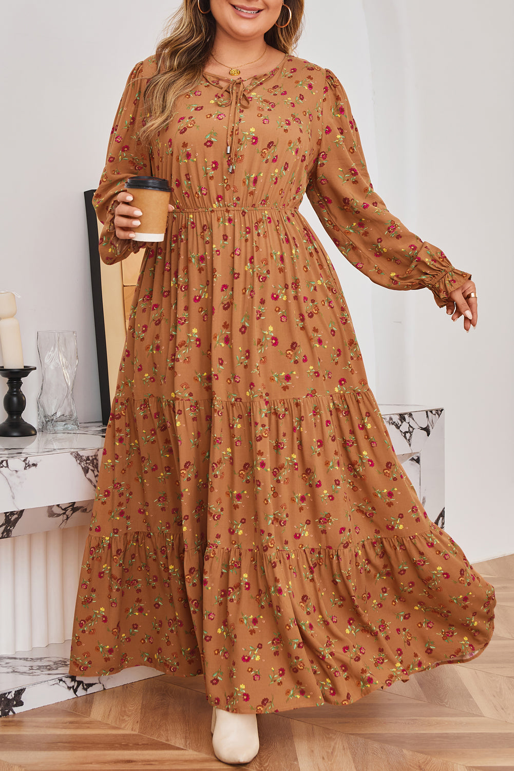 Brown Plus Size Floral Split V Neck Ruffled Sleeve Tiered Maxi Dress