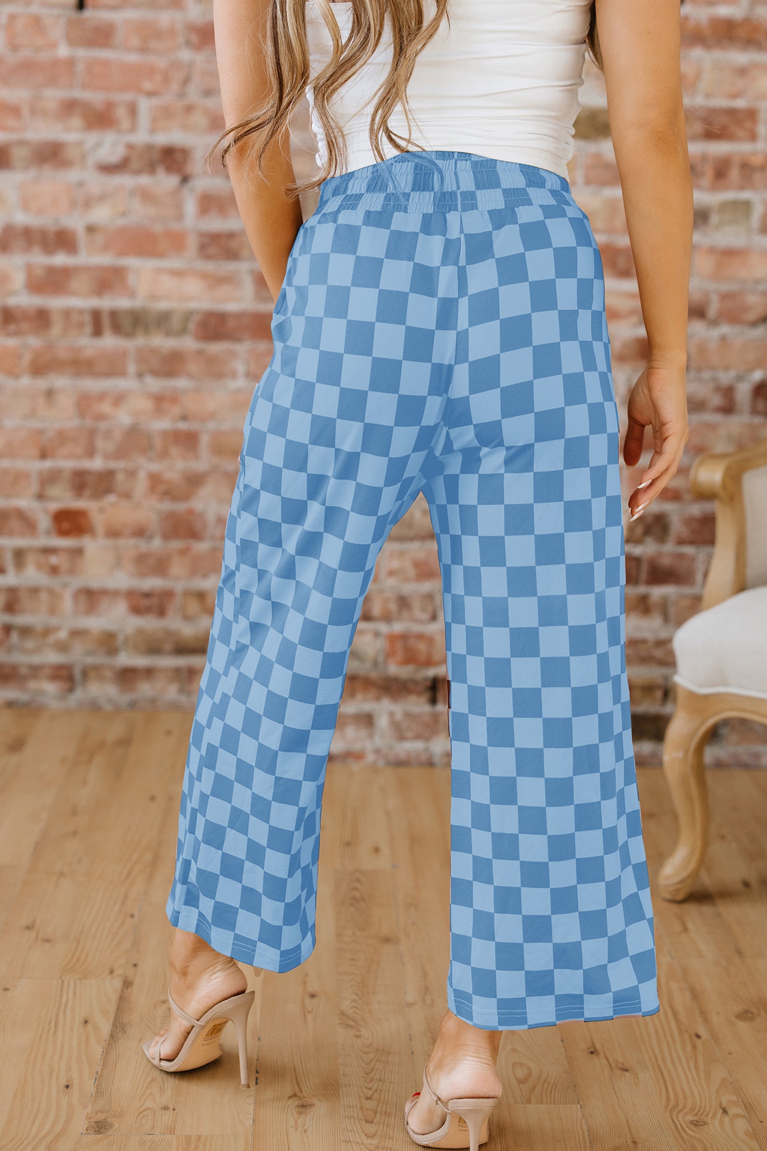 Sky Blue Checkered Elastic High Waist Loose Casual Pants
