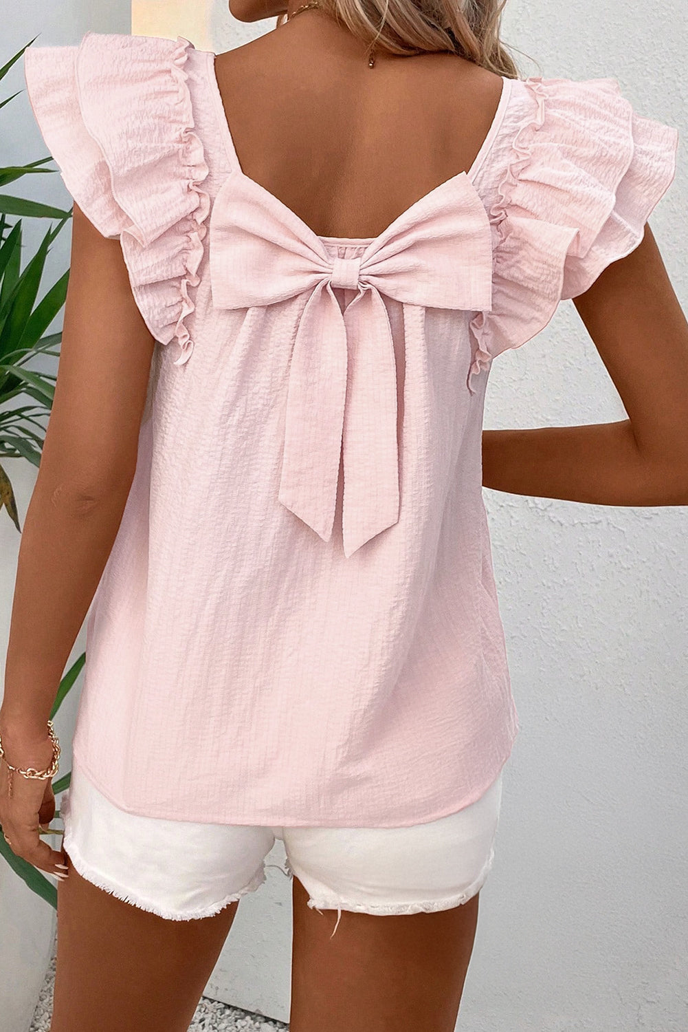 Beige Textured Bow Knot Frilled Butterfly Sleeve Blouse