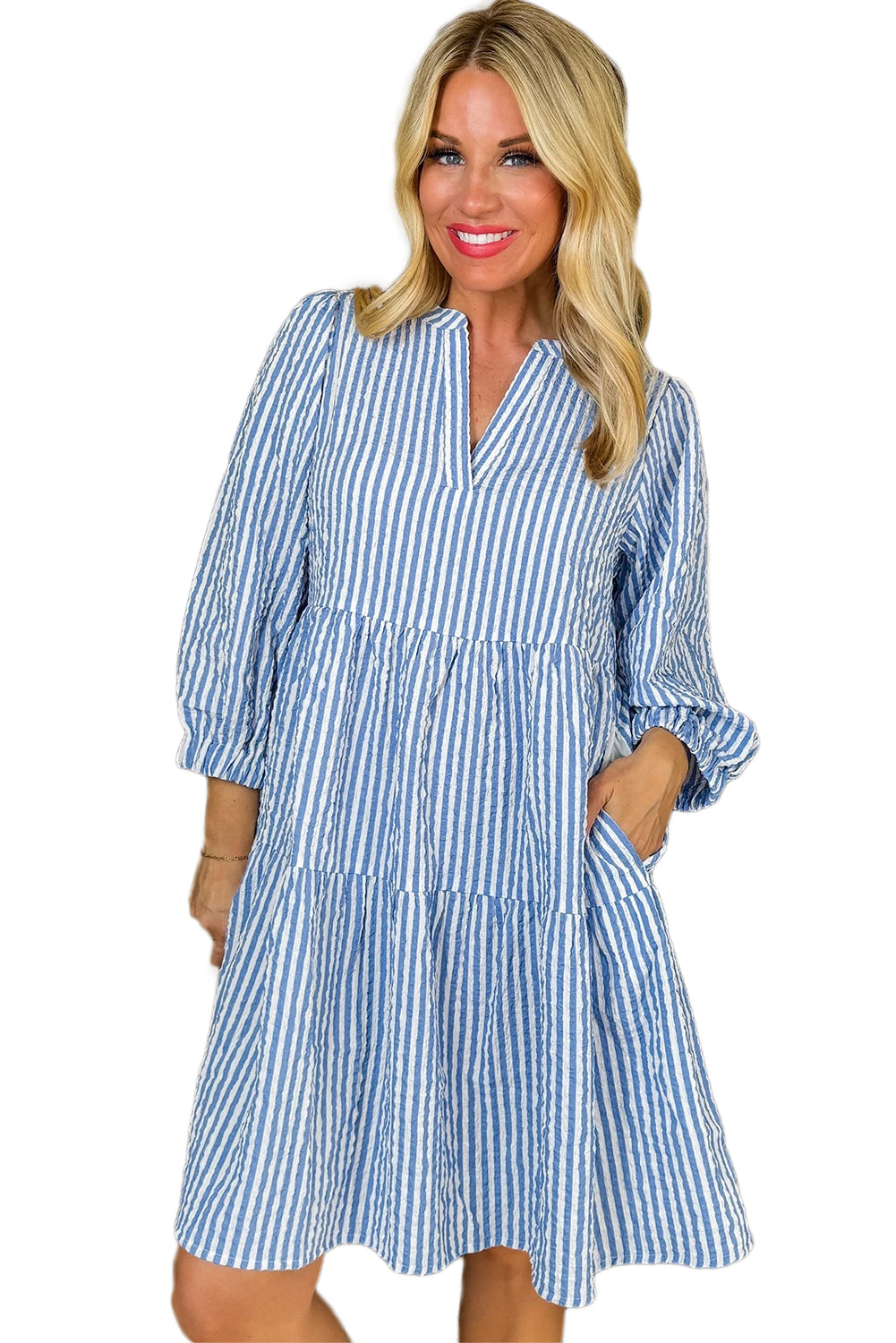 Sky Blue Stripe Bracelet Sleeve Tiered Shift Dress with Pockets