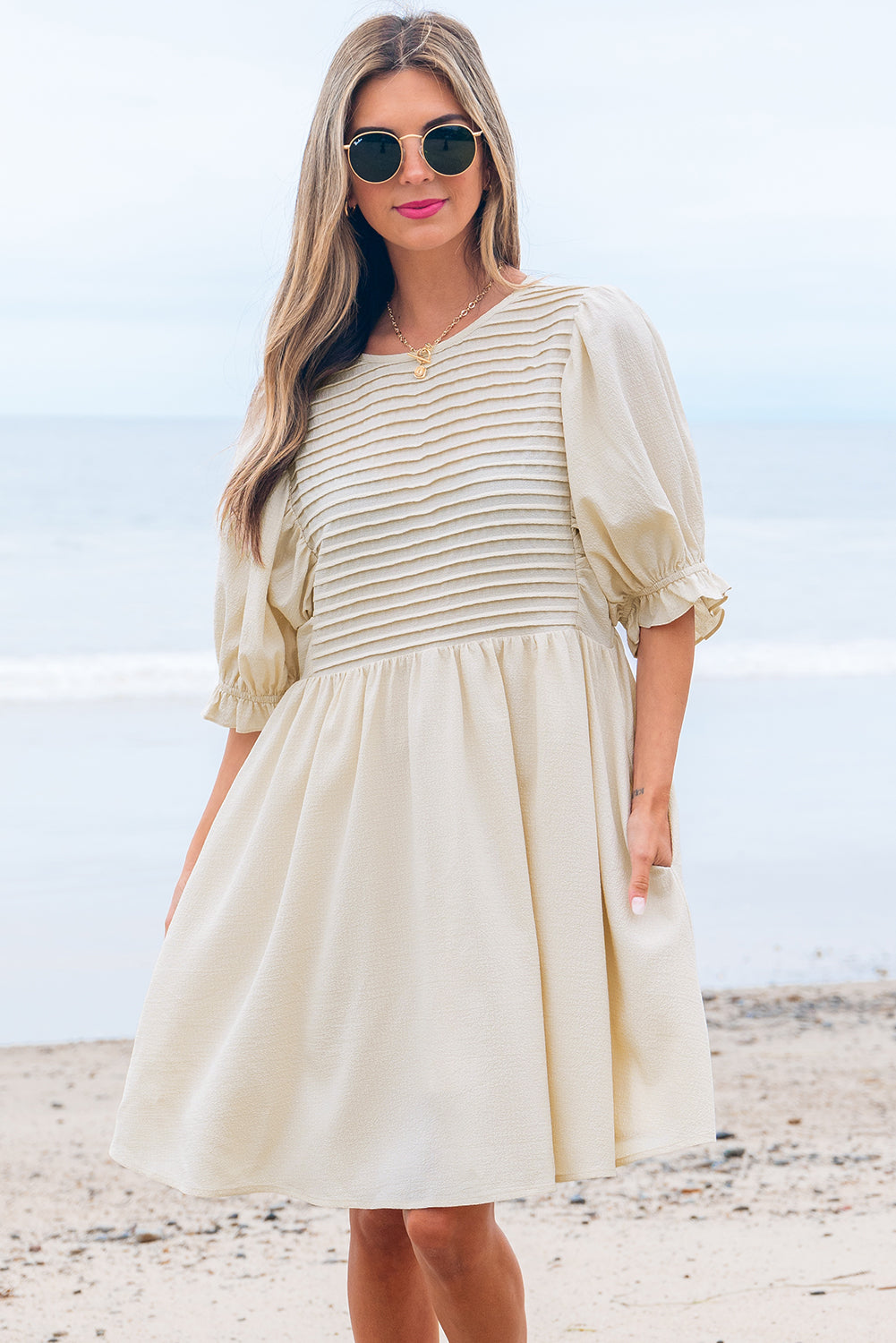 White Textured Ruffled Puff Sleeve Loose Dress