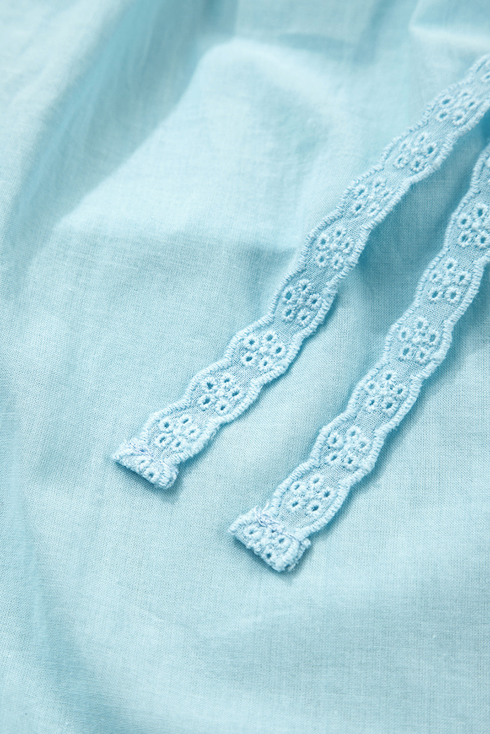 Mist Blue Embroidered Lace Patchwork Tie Neck Puff Short Sleeve Blouse