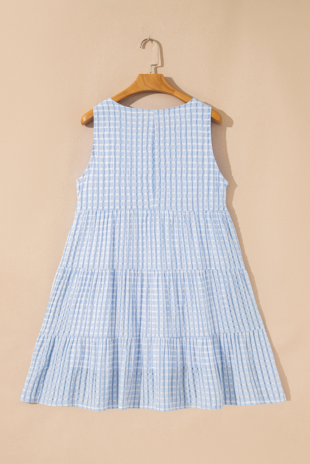 Light Blue Plaid Tiered A-line Sleeveless Mini Sundress