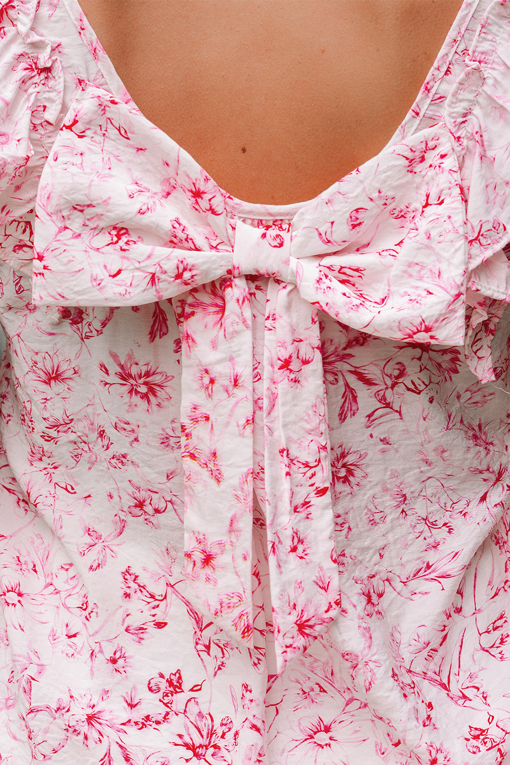 Pink Floral Ruffled Short Sleeve Bow Back Square Neck Blouse