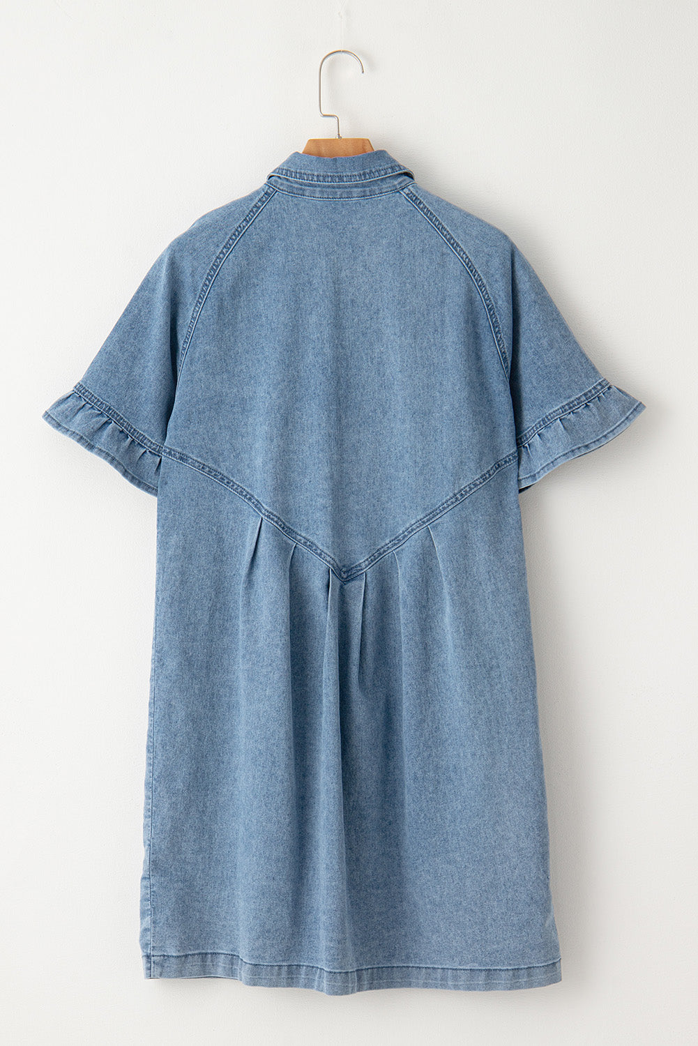 Black Frilled Short Sleeve Button Up Loose Denim Shirt Dress