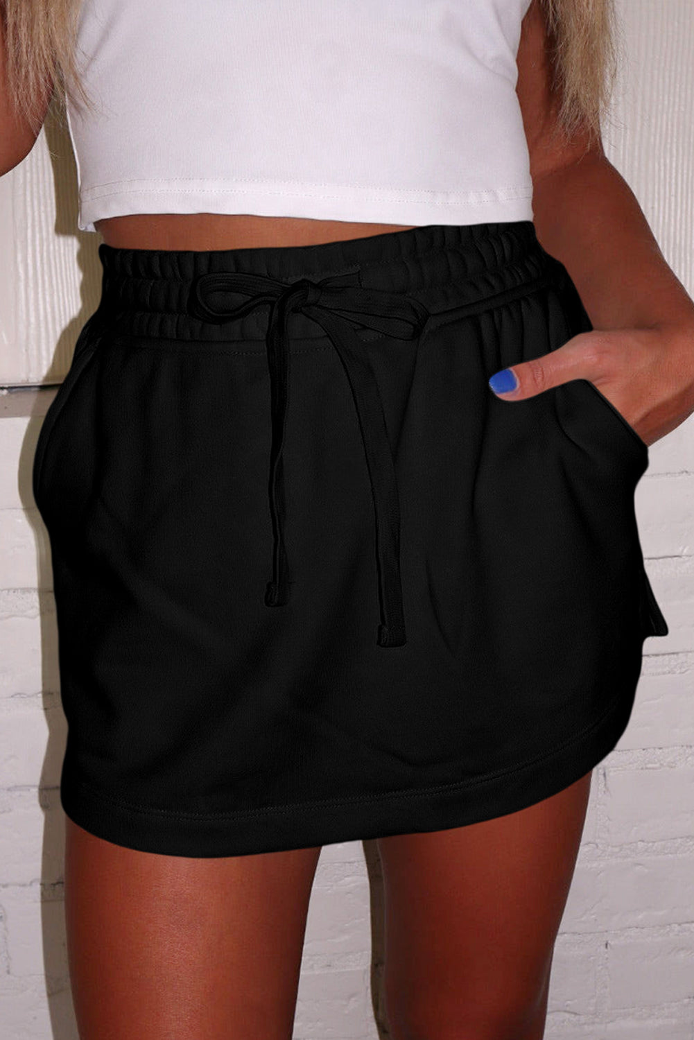 Light Grey French Terry Drawstring Mini Skort with Pockets