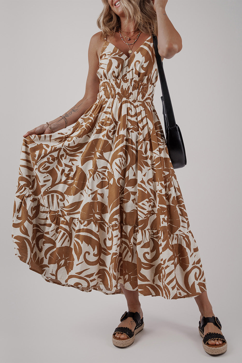 Khaki Floral Shirred High Waist Spaghetti Straps Maxi Dress