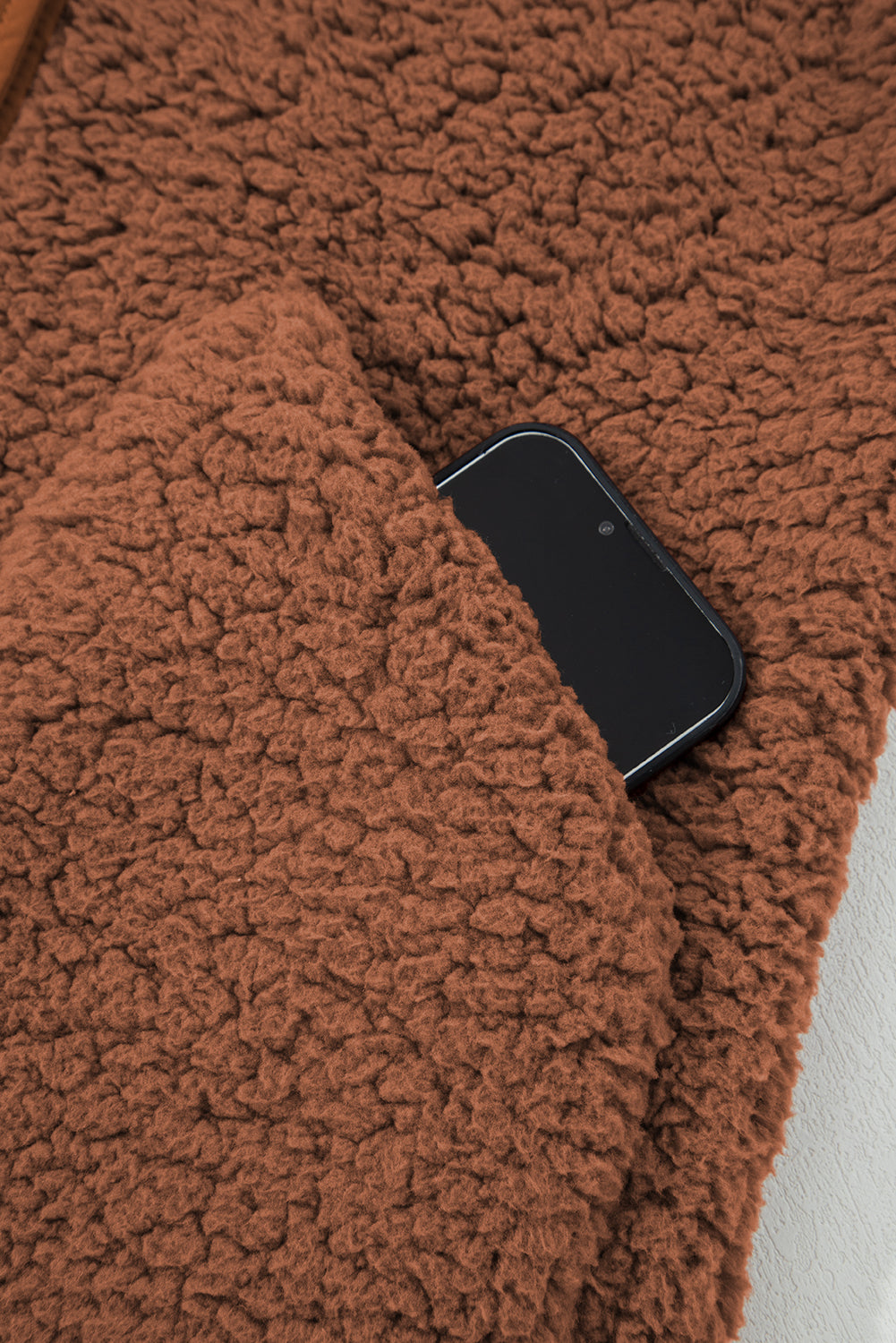 Cinnamon Faux Fur Snap Button Front Knot Side Plush Vest with Pockets