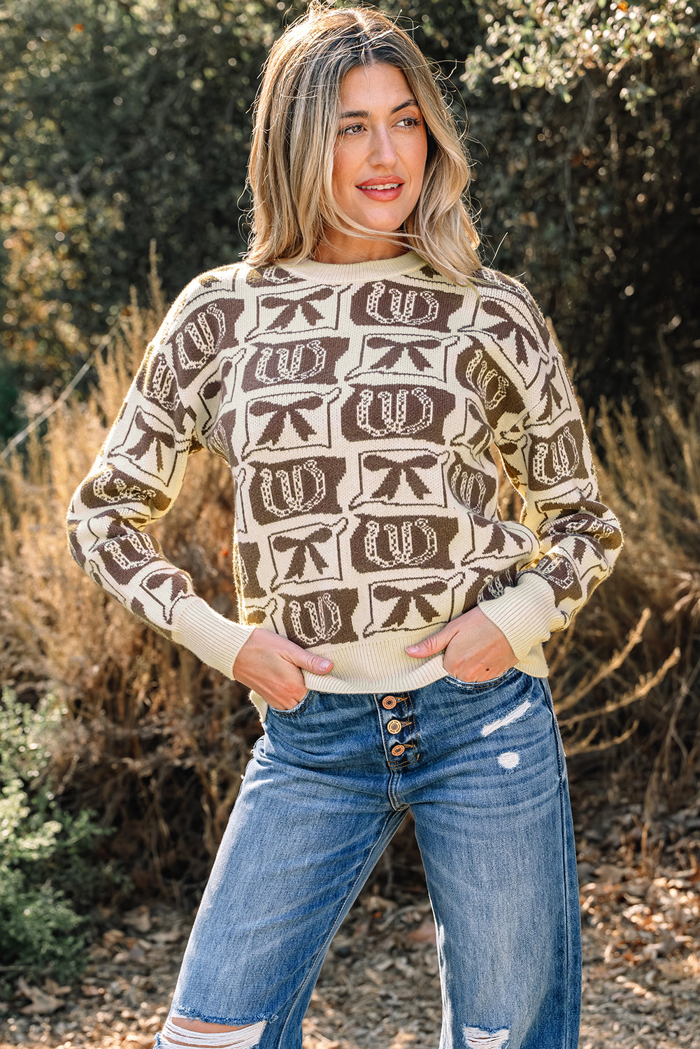 Black Bows & Horseshoes Pattern Western Fashion Print Sweater