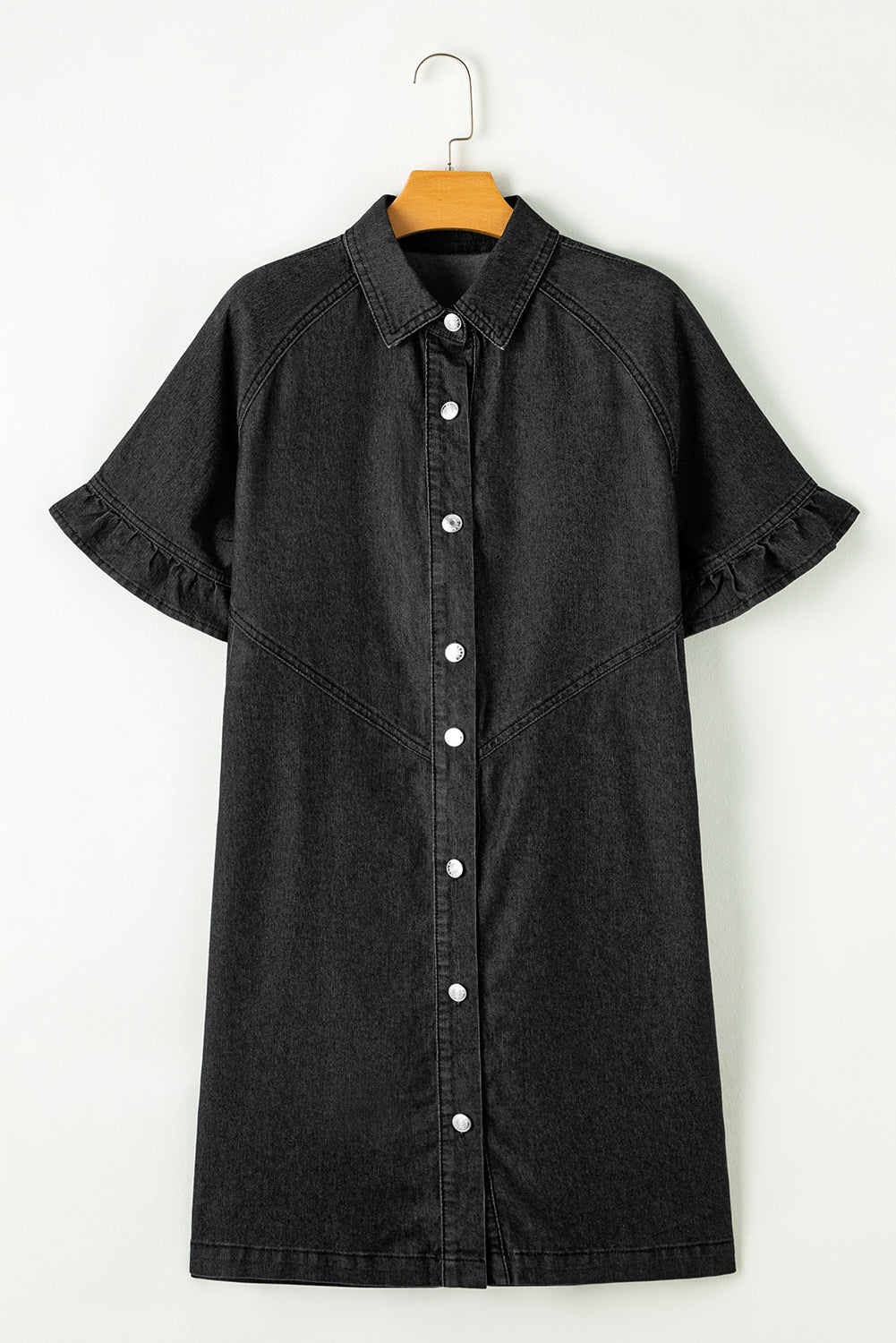 Black Frilled Short Sleeve Button Up Loose Denim Shirt Dress