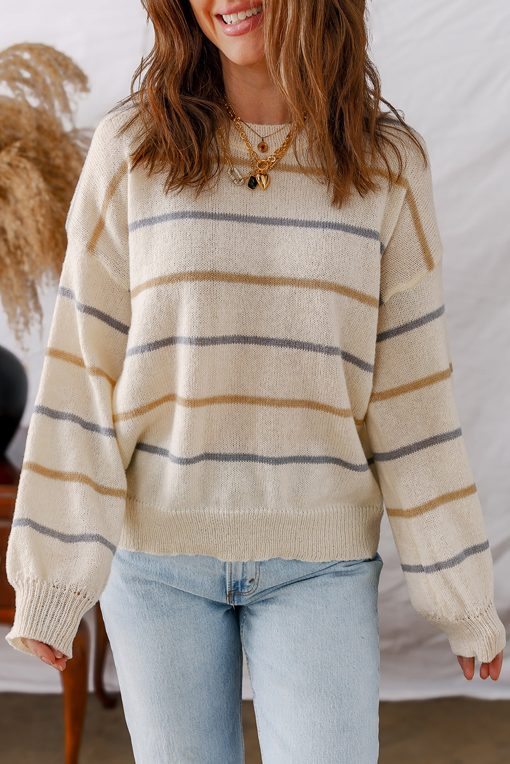 Brown Stripe Striped Ribbed Edge Drop Shoulder Sweater