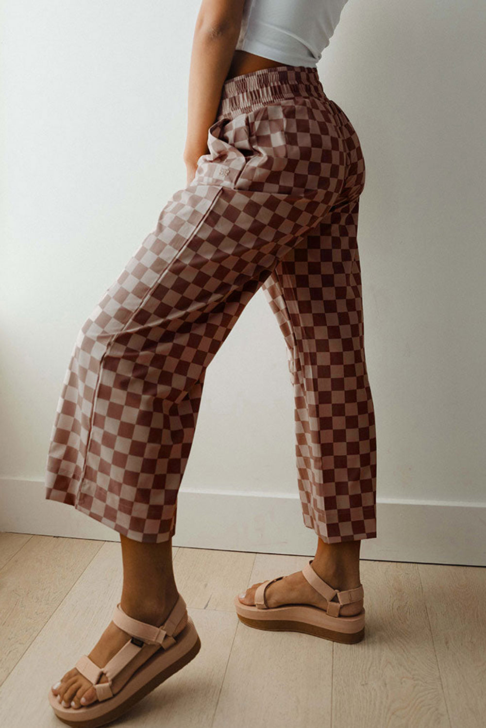Sky Blue Checkered Elastic High Waist Loose Casual Pants