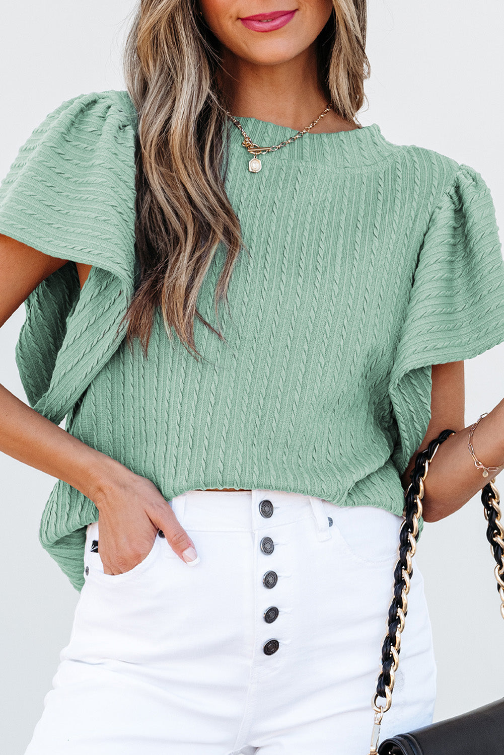 Sleet Solid Color Textured Flutter Sleeve Top
