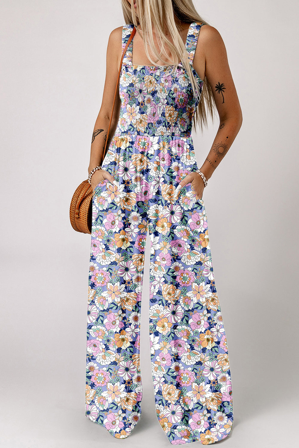 Black Floral Print Smocked High Waist Square Neck Jumpsuit