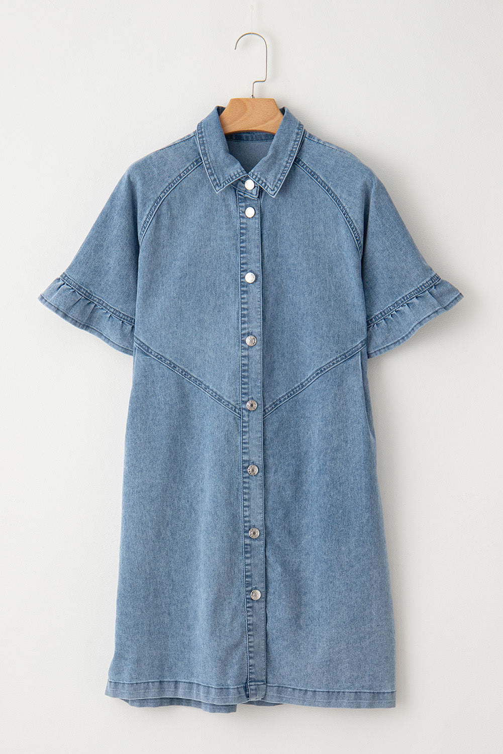 Black Frilled Short Sleeve Button Up Loose Denim Shirt Dress