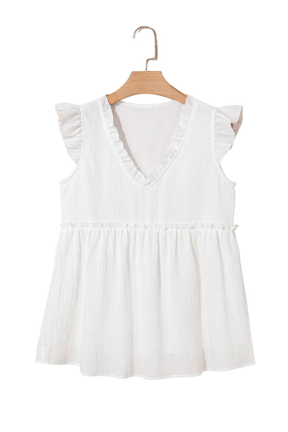 White Textured Ruffled Trim V Neck Flutter Flowy Top