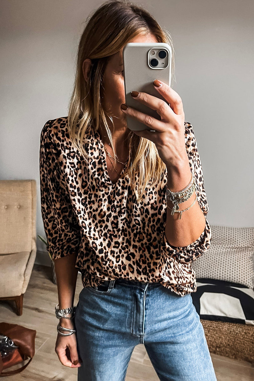 Apricot Leopard V Neck Half Sleeve Blouse