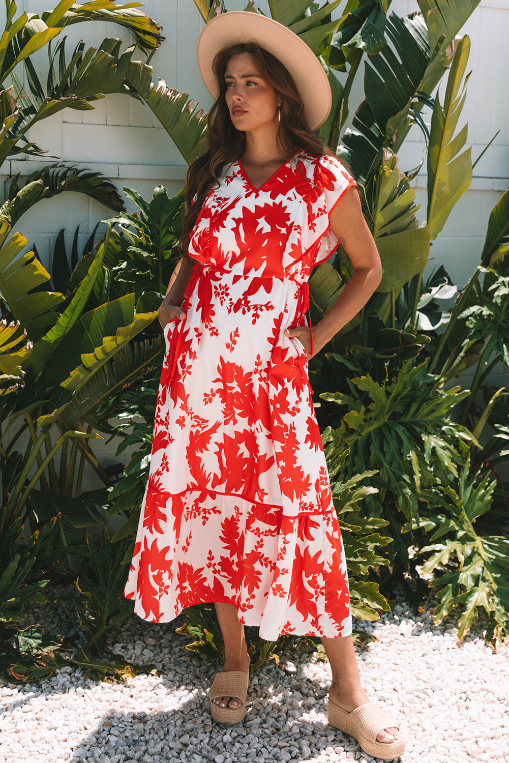 Red Floral Print Trimmed V Neck Ruffle Sleeve Long Dress