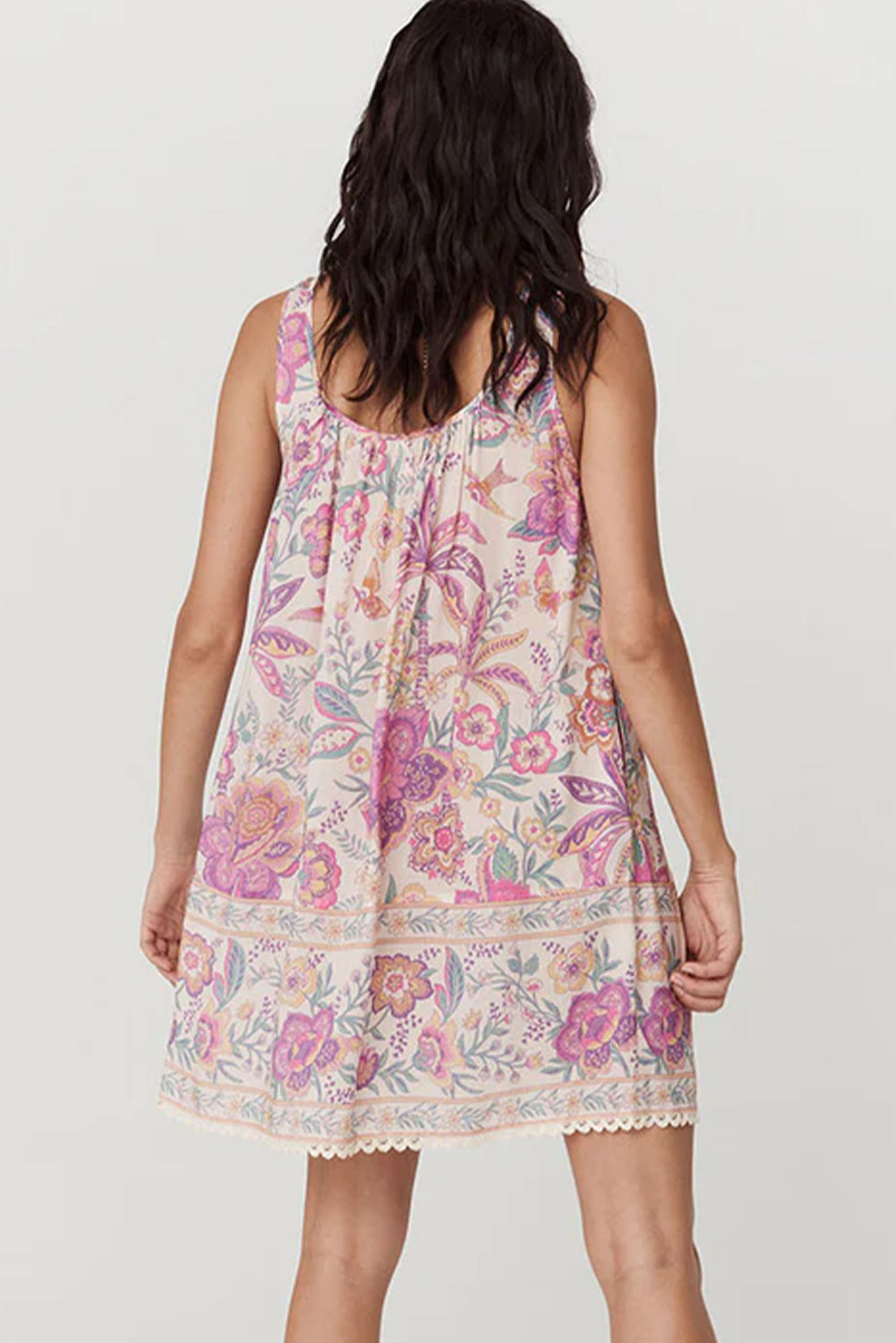 Multicolour Floral Print Fringed Tie U Neck Sleeveless Mini Dress