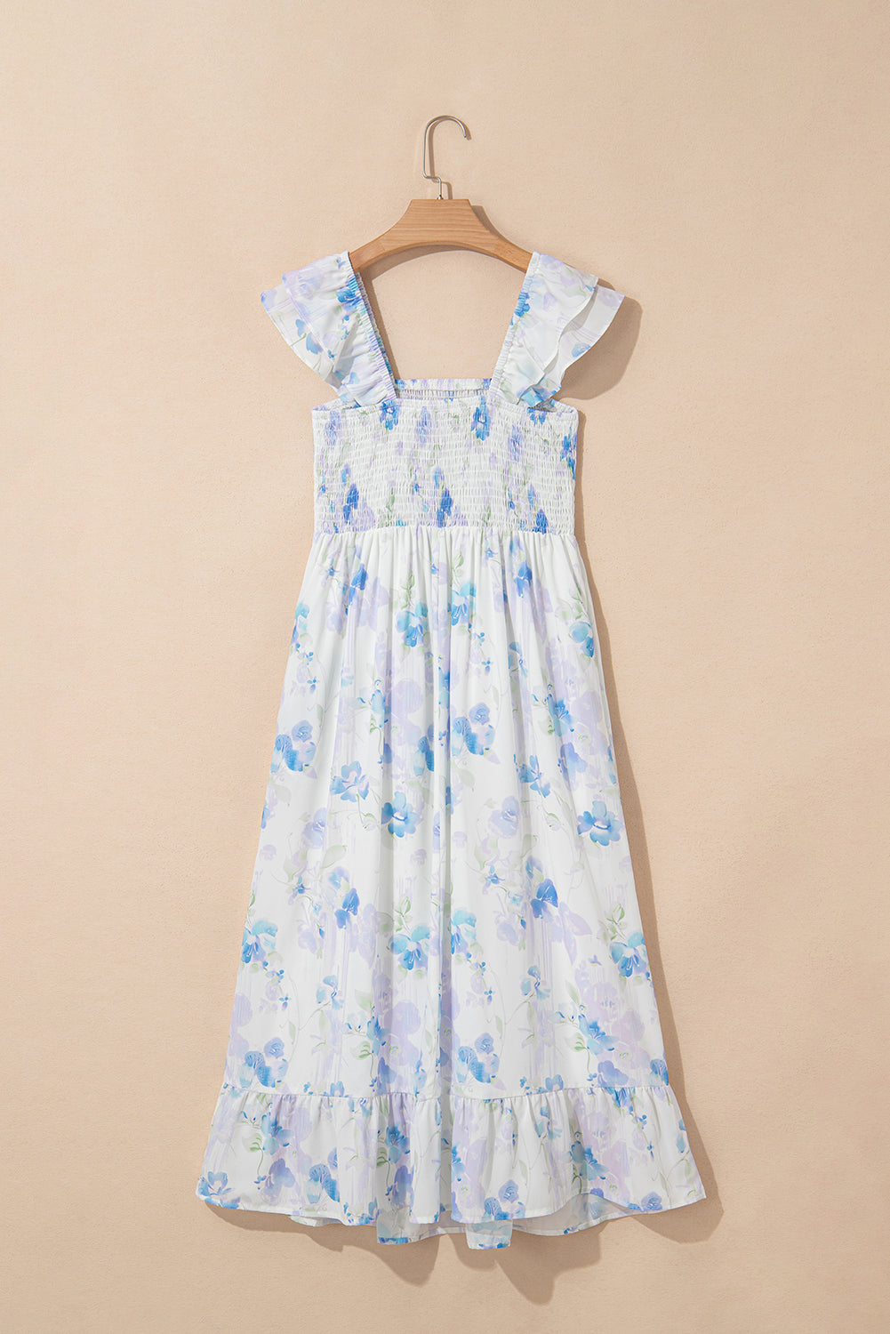Sky Blue Floral Smocked High Waist Double Ruffle Sleeveless Long Dress