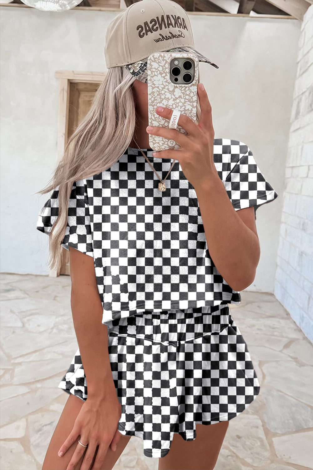 Black Checkerboard T Shirt and High Waist Skorts 2 Piece Outfit