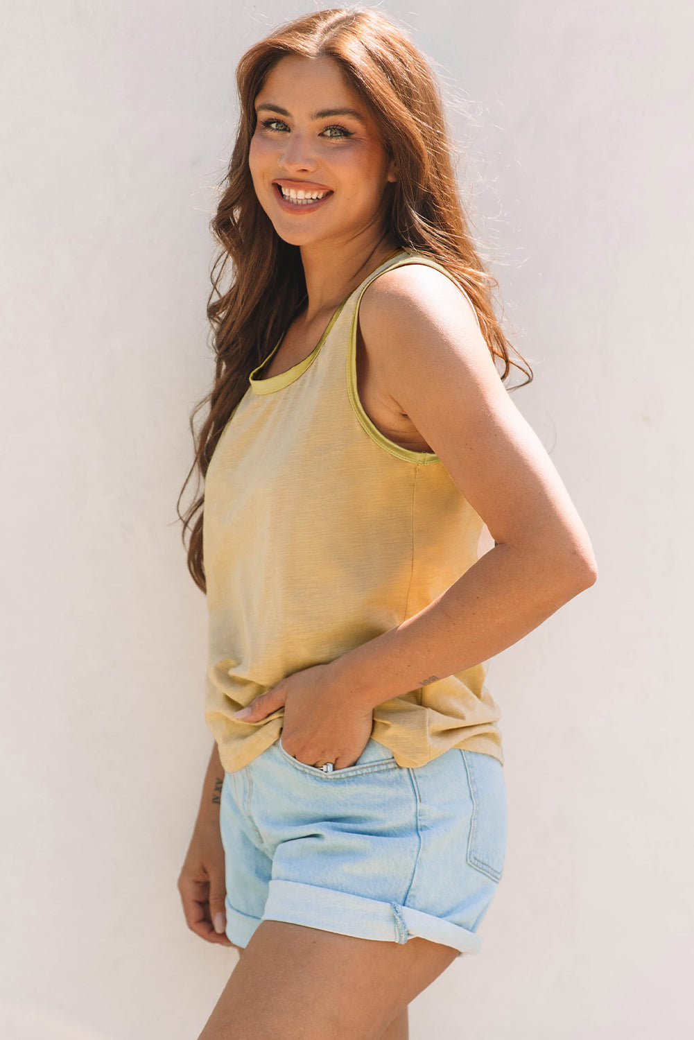 Mist Green Metallic Sheen Edge Scoop Neck Tank Top