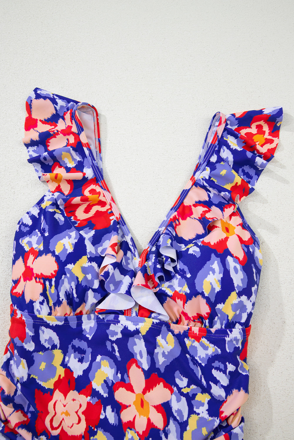 Blue Floral Ruffle Trim V Neck Lace-up Back Tummy Control One Piece Swimsuit