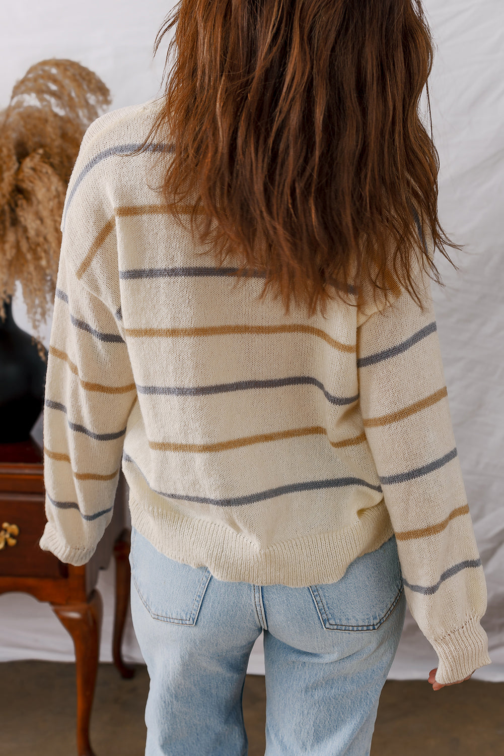 Brown Stripe Striped Ribbed Edge Drop Shoulder Sweater