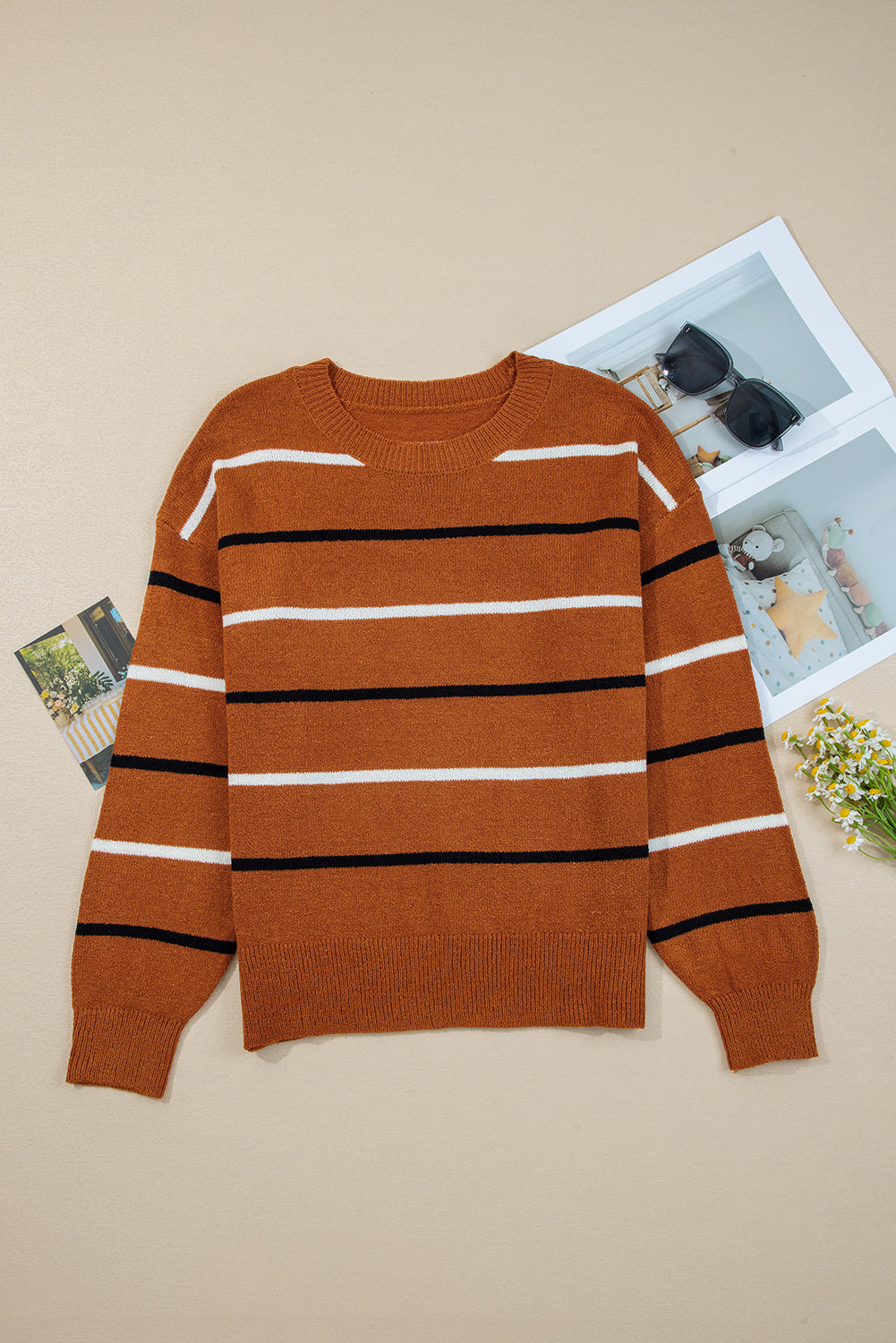 Brown Stripe Striped Ribbed Edge Drop Shoulder Sweater