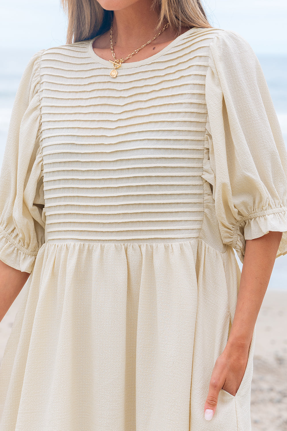 White Textured Ruffled Puff Sleeve Loose Dress