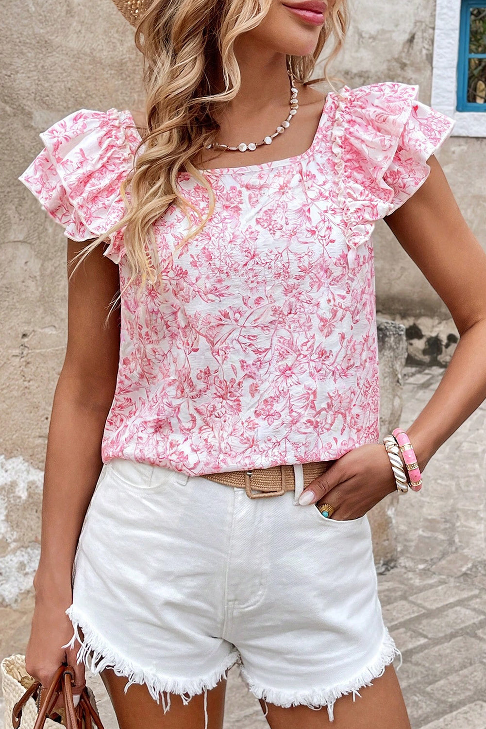 Pink Floral Ruffled Short Sleeve Bow Back Square Neck Blouse