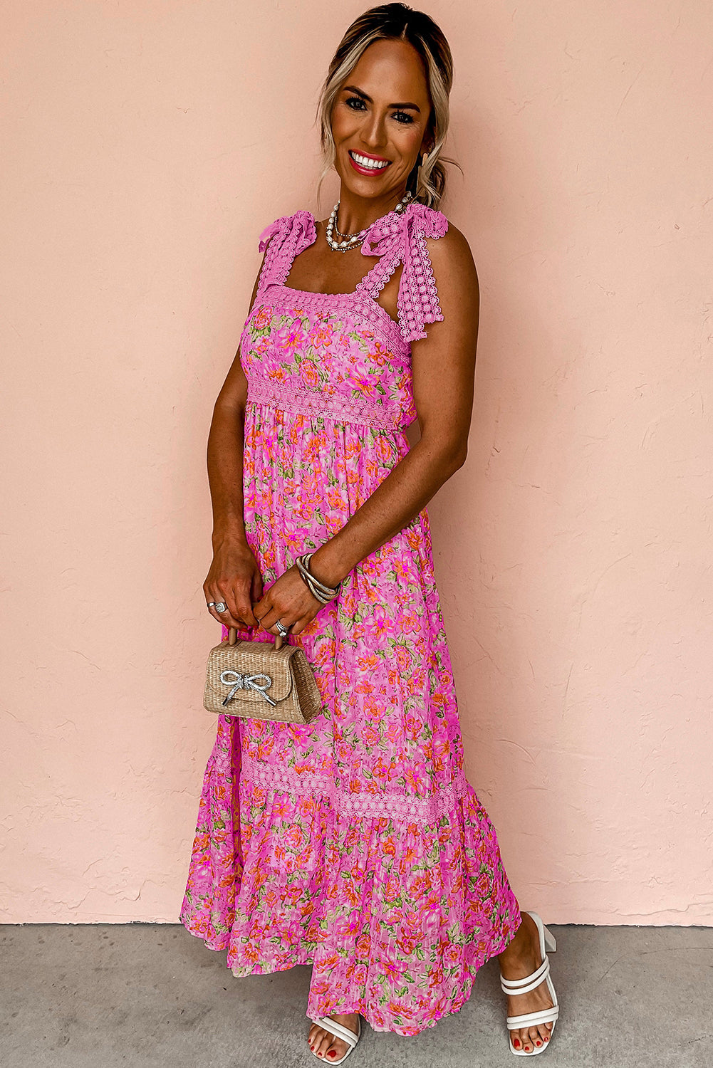 Pink Floral Lace Tied Strap Empire Waist Maxi Dress