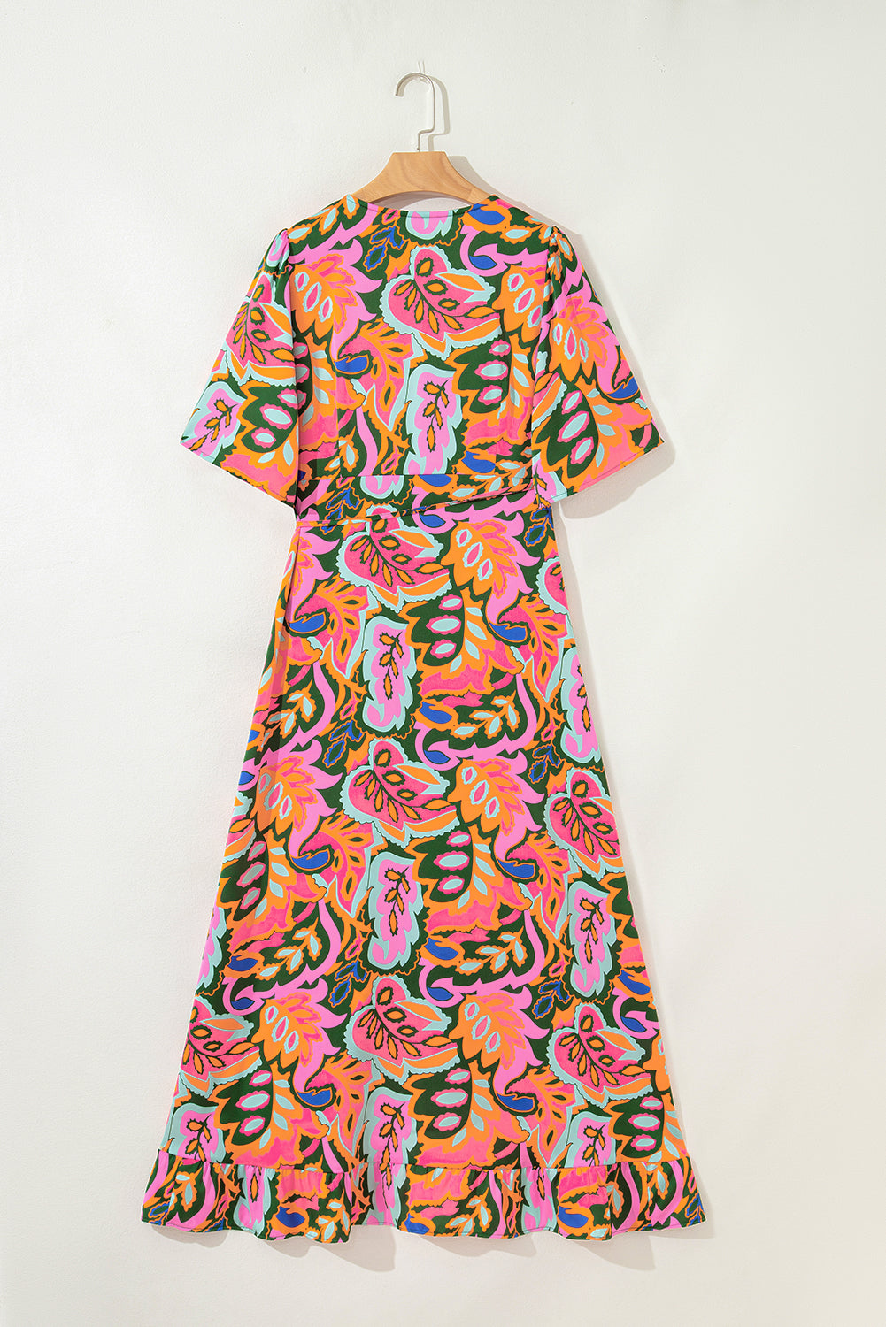 Rose Summer Plant Print Surpliced V Neck Ruffled Asymmetric Slit Wide Short Sleeve Maxi Dress