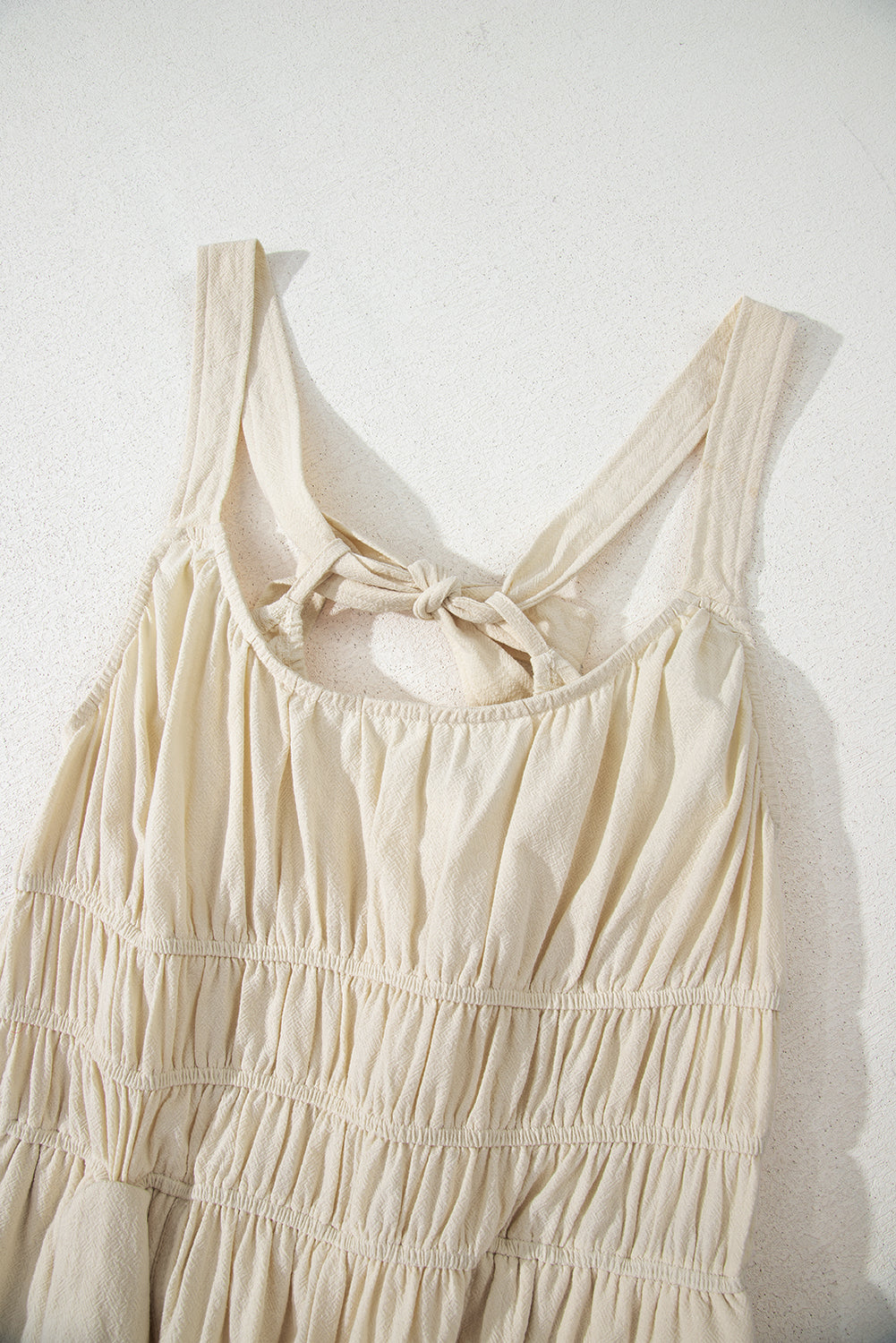 Beige Ruched High Waist Sleeveless Wide Leg Jumpsuit