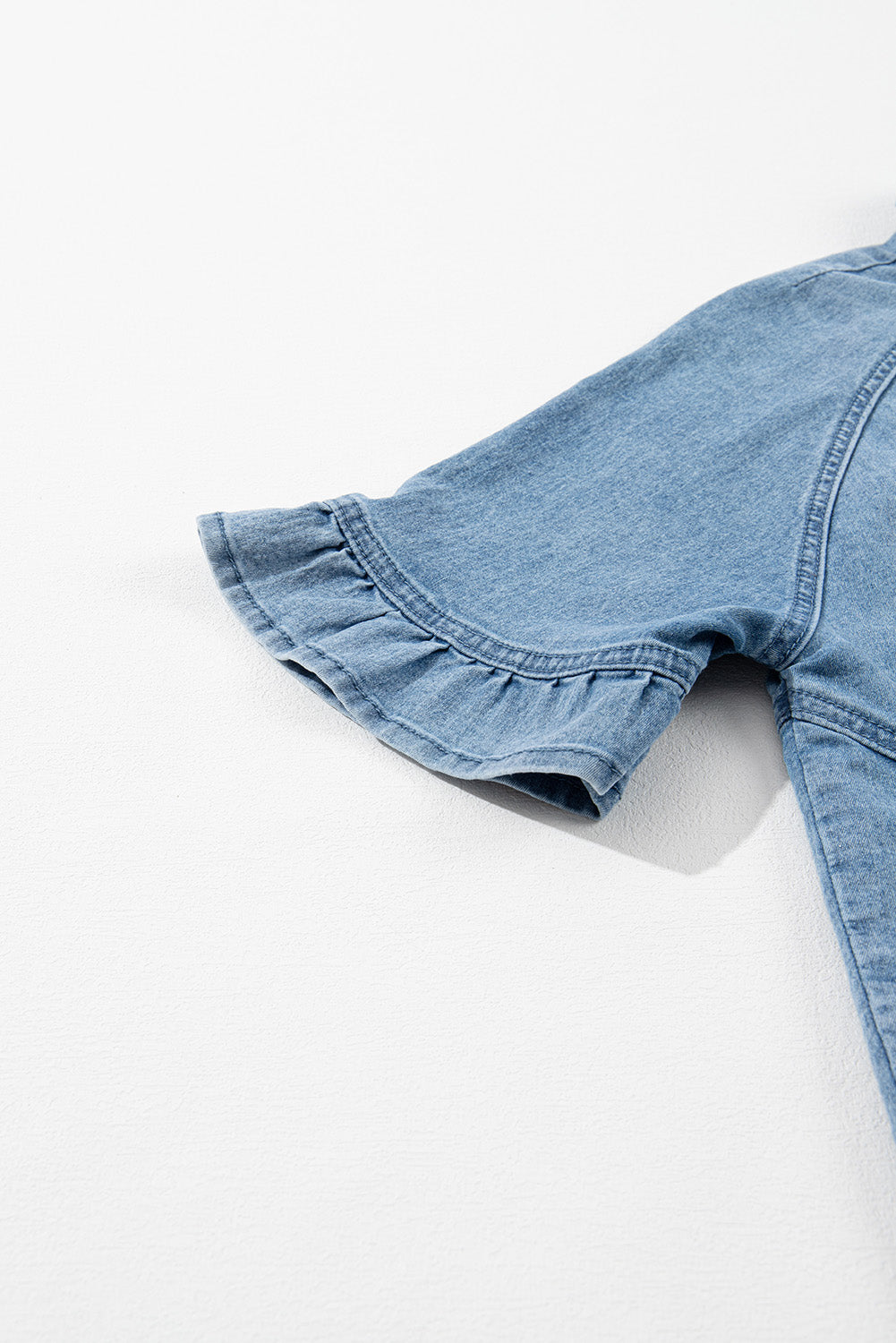 Black Frilled Short Sleeve Button Up Loose Denim Shirt Dress