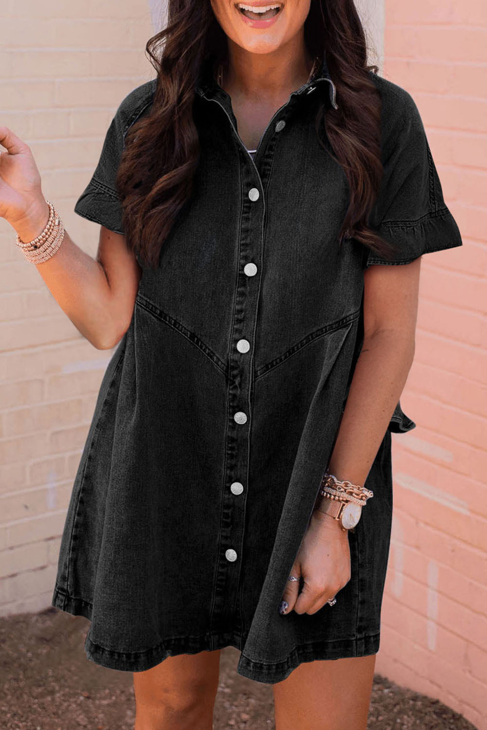 Black Frilled Short Sleeve Button Up Loose Denim Shirt Dress
