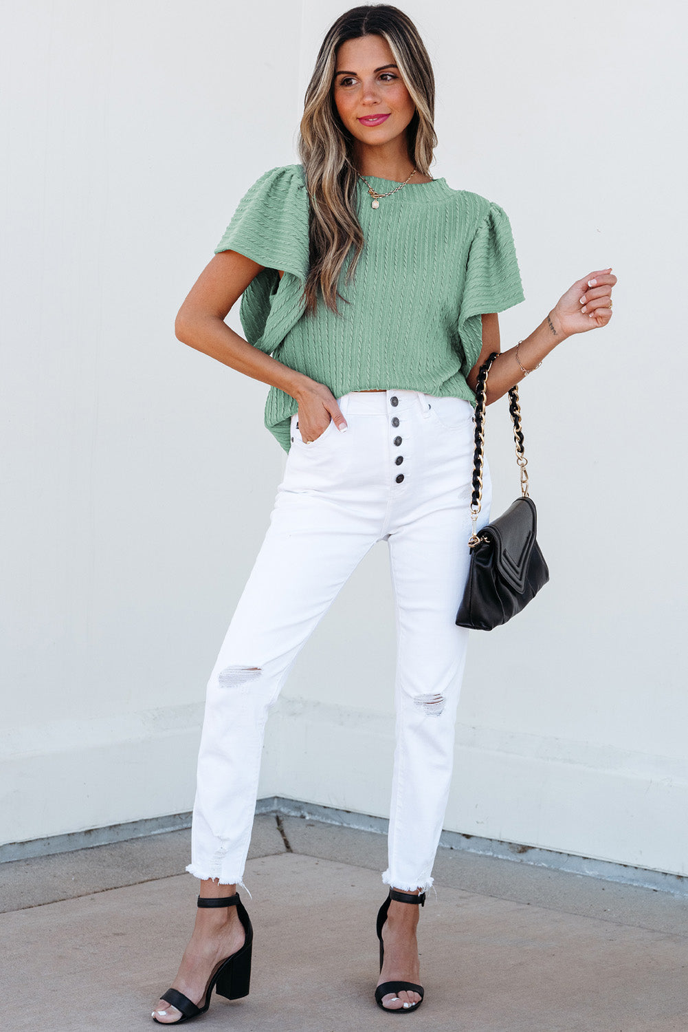 Sleet Solid Color Textured Flutter Sleeve Top