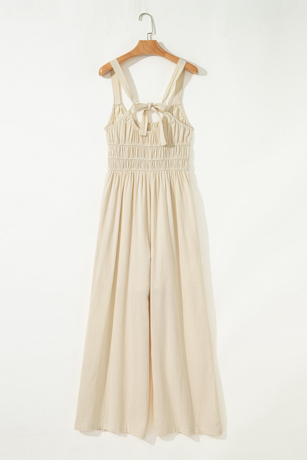 Beige Ruched High Waist Sleeveless Wide Leg Jumpsuit