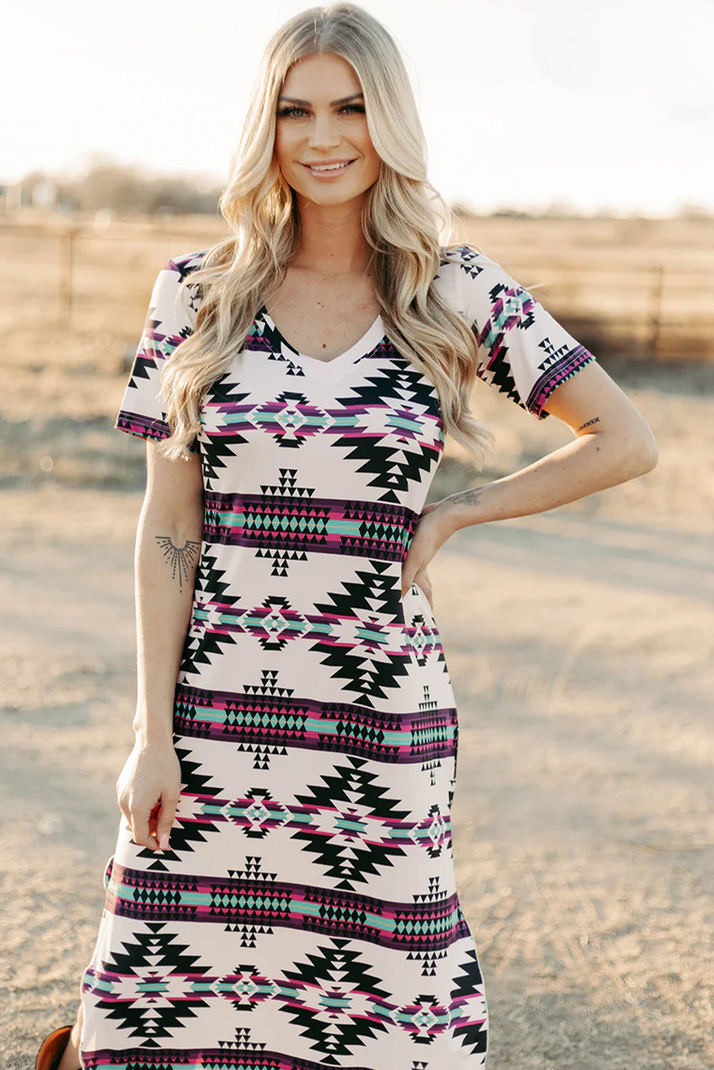 Beige Western Aztec Printed Long T-shirt Dress