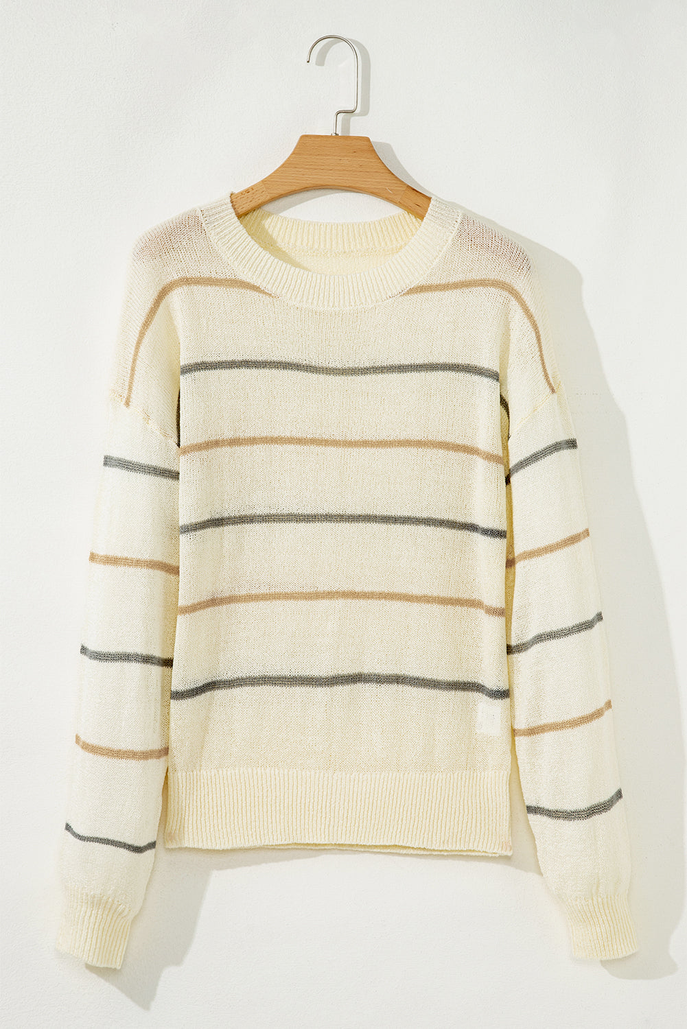 Brown Stripe Striped Ribbed Edge Drop Shoulder Sweater